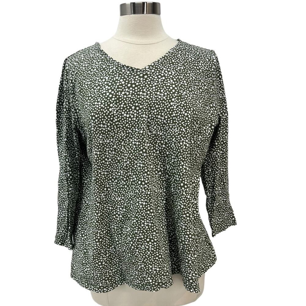 Kim Rogers Women’s Green White Polka Dot 3/4 Sleeve Cotton V Neck Top
